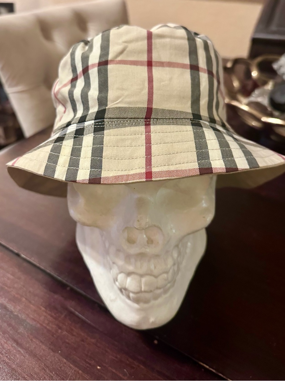 Burberry Reversible Khaki/Plaid Bucket Hat with Branded Patch